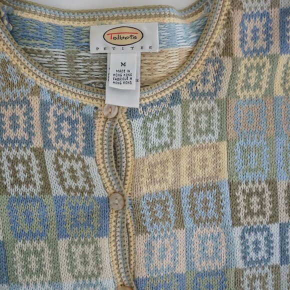 Talbots Blue Green Patchwork Checkered Button Knit Cardigan Cottagecore M - Picture 9 of 9